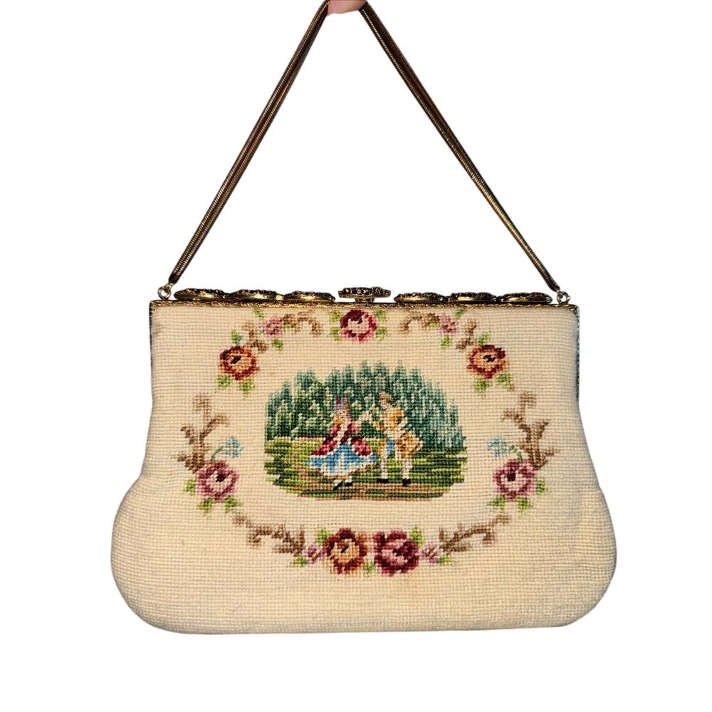 Vintage Handmade Needlepoint‎ Mini Handbag Clutch Victorian Femme 9" Gold Frame